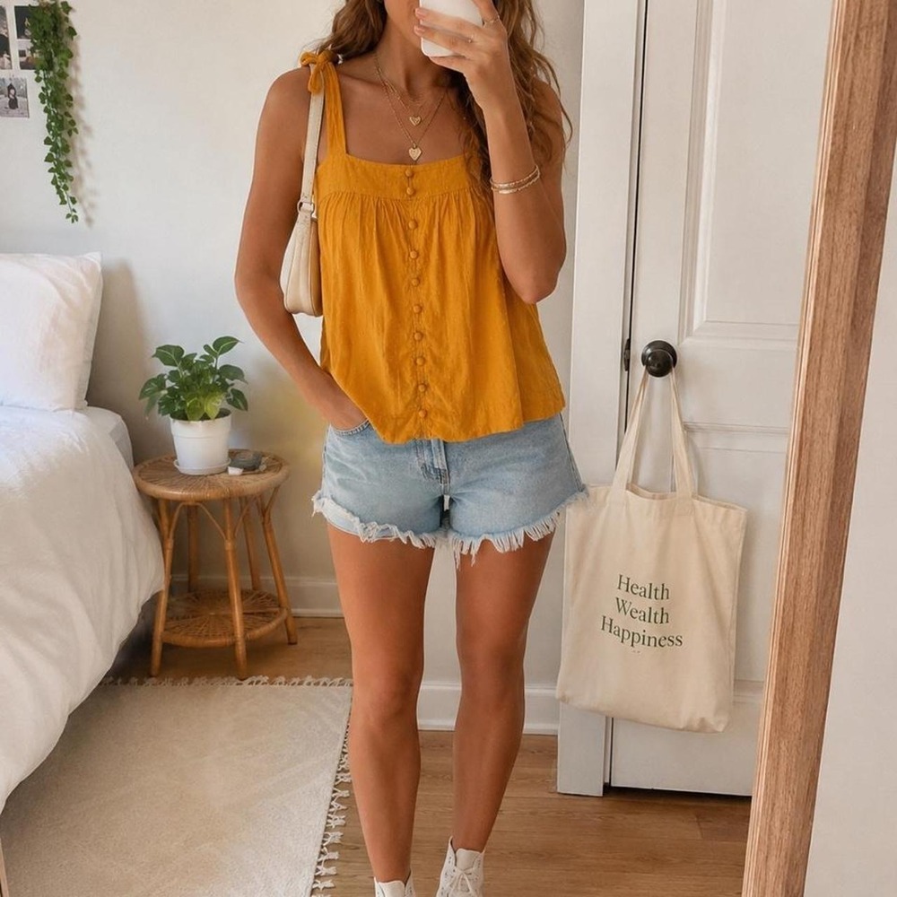 Rose + Olive Mustard Yellow Button-Front Tank Top